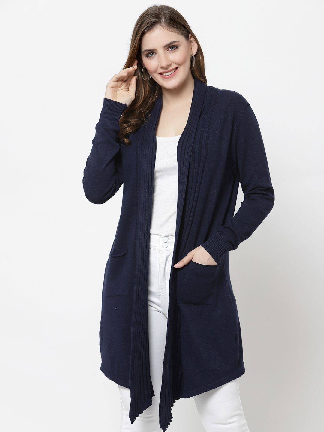 Mafadeny Women Navy Blue Longline Shrug Price in India