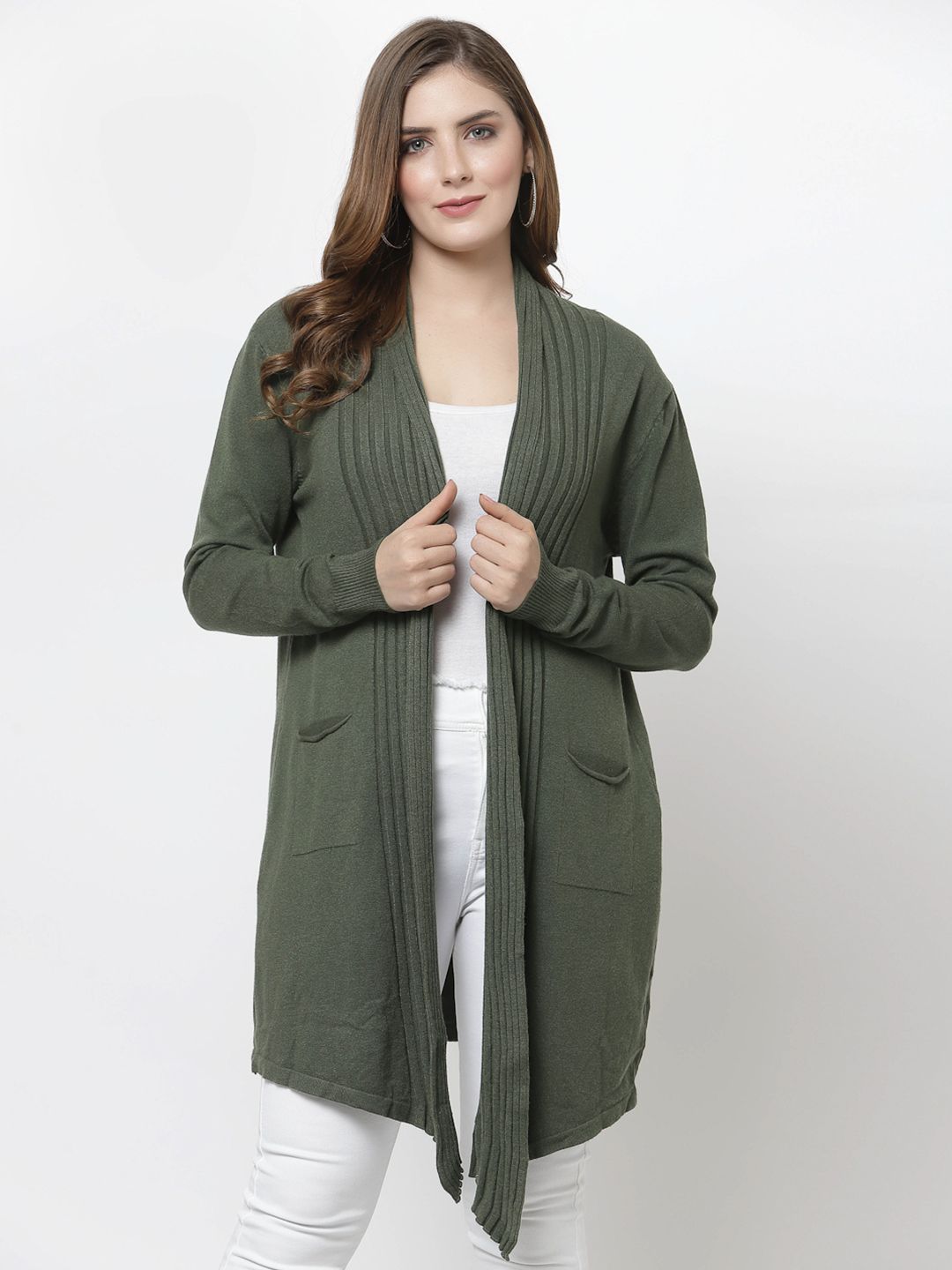 Mafadeny Women Green Longline Shrug Price in India