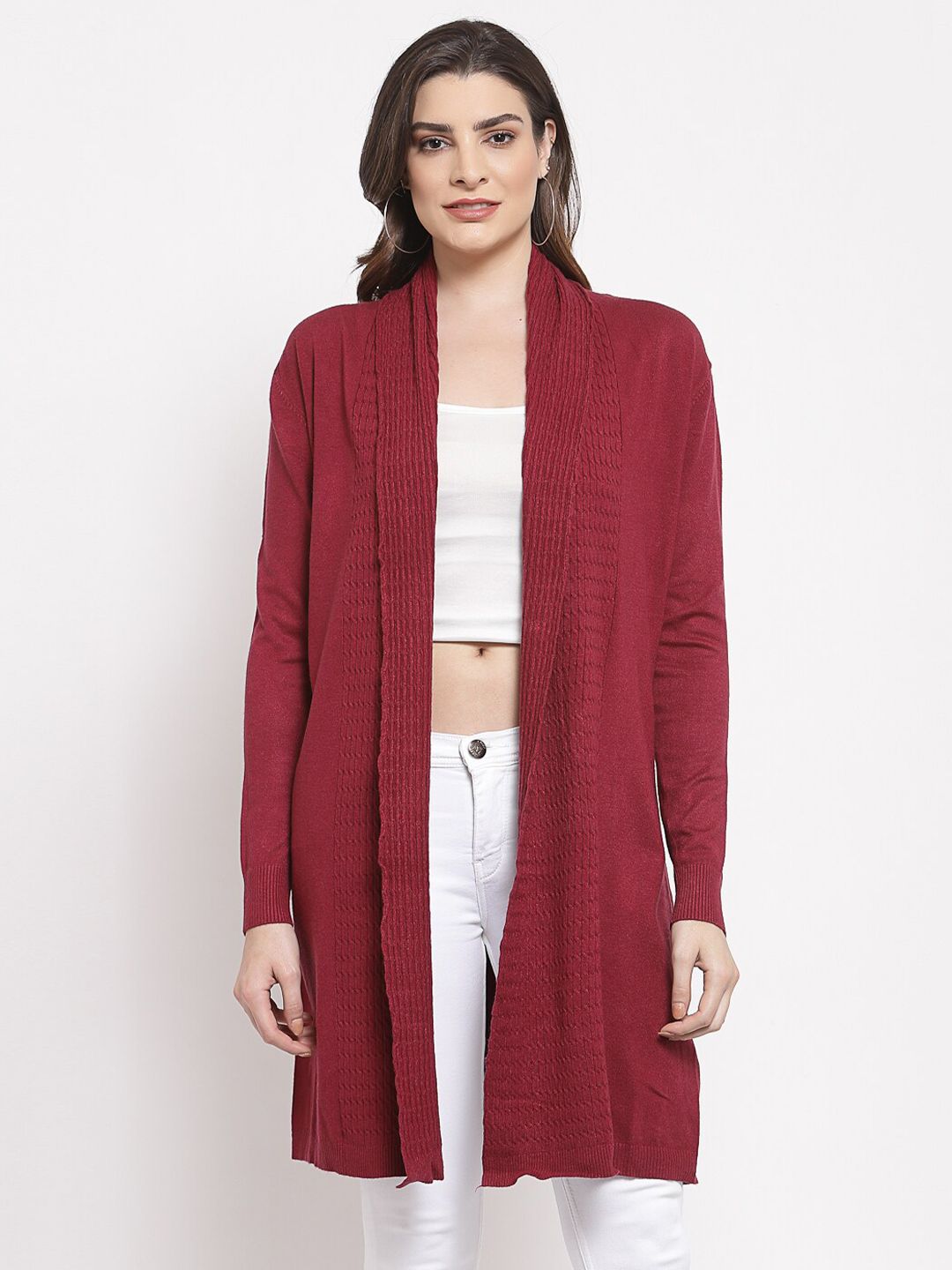 Mafadeny Women Maroon Longline Shrug