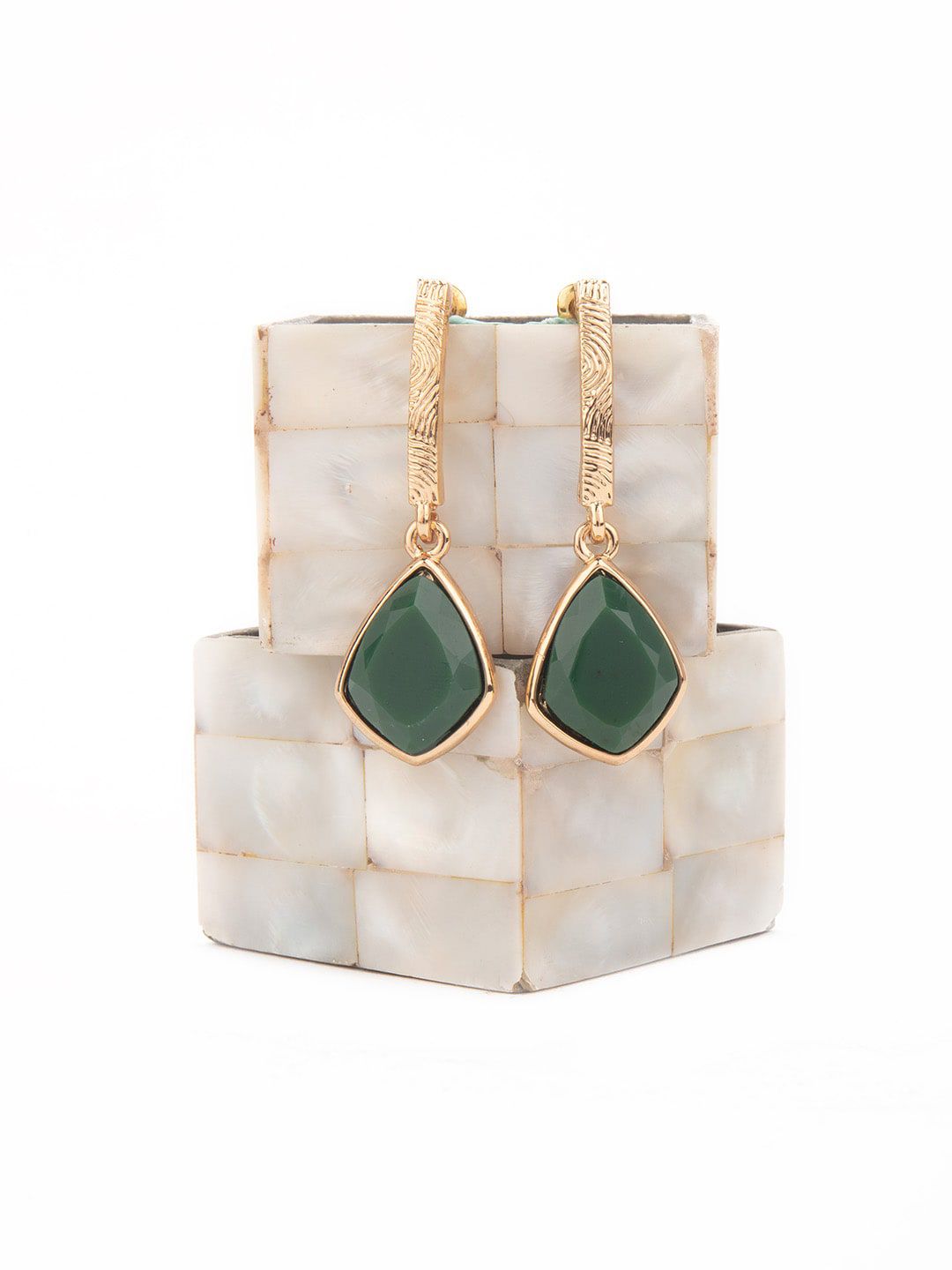 Lilly & sparkle Green & Gold-Plated Geometric Stone Studded Drop Earrings Price in India