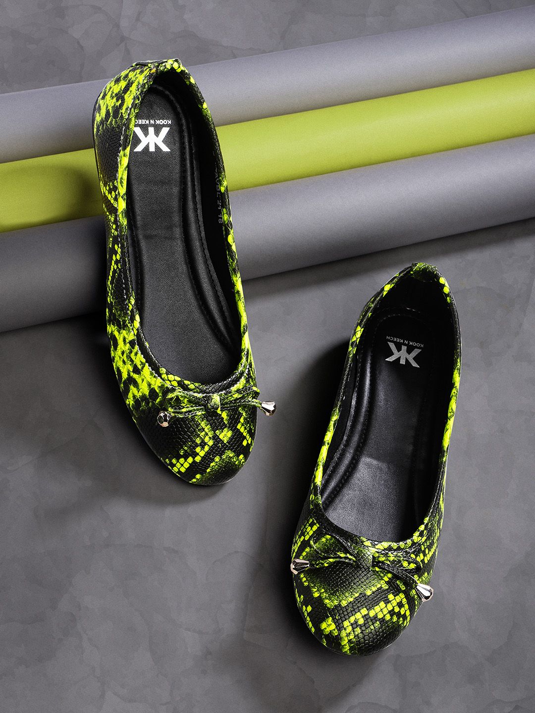 Kook N Keech Women Black & Fluorescent Green Snakeskin Textured Ballerinas with Bow Detail Price in India