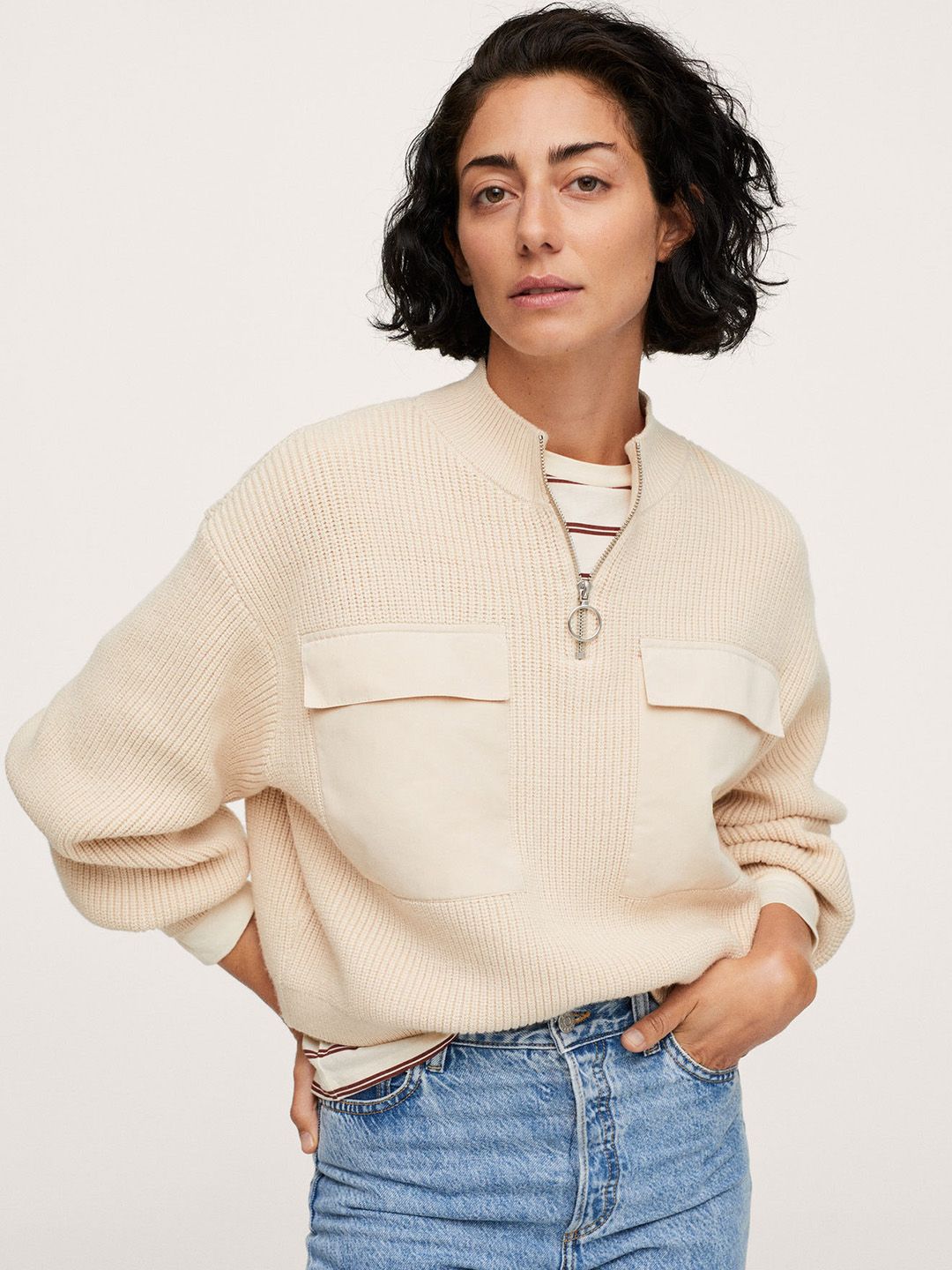 MANGO Women Cream-Coloured Self Striped Sweater Pullover with Puff Sleeves Price in India