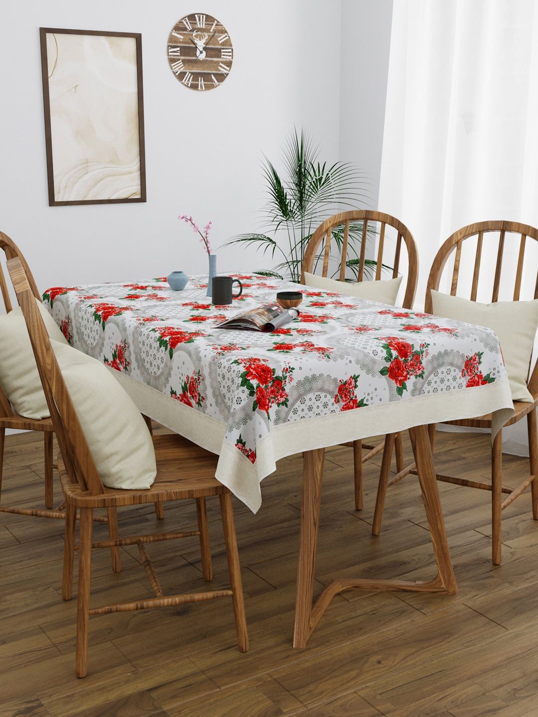 Clasiko White & Red Floral Printed 4-Seater Rectangle Table Cover Price in India