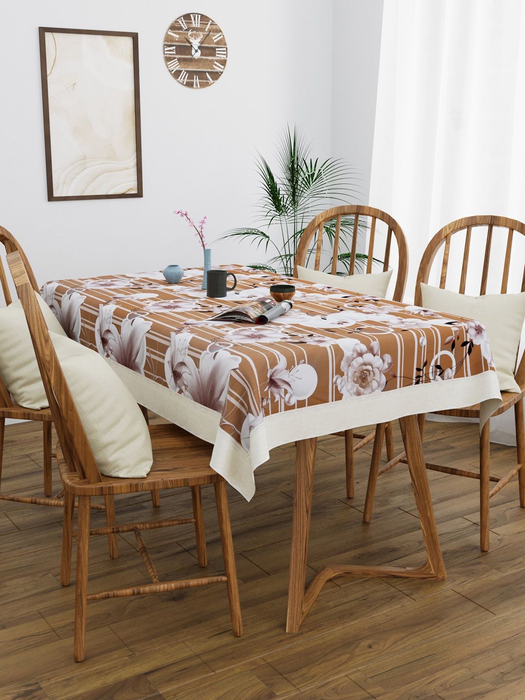 Clasiko Brown & White Floral Printed 4-Seater Rectangle Table Cover Price in India