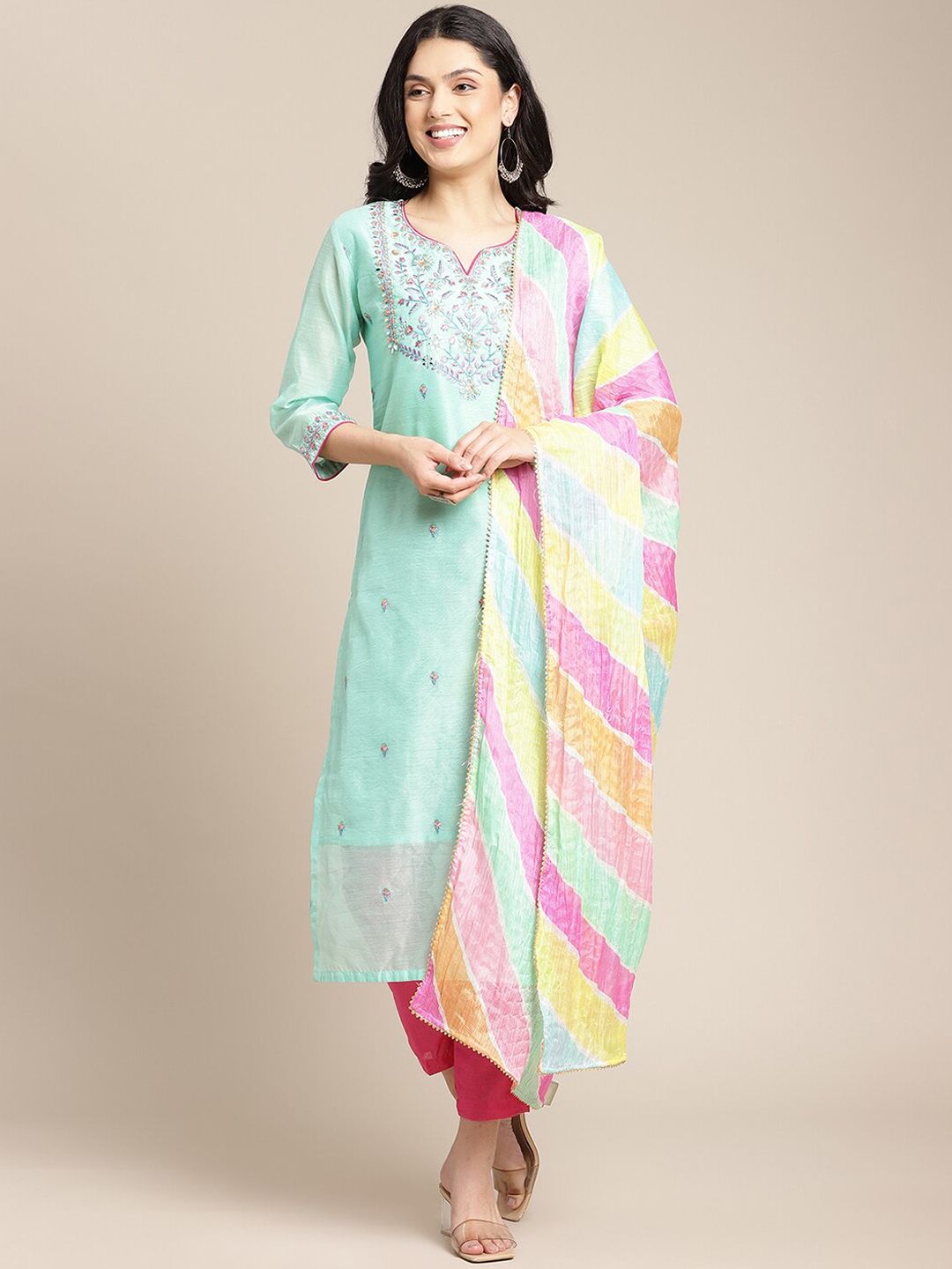 Varanga Women Sea Green Floral Embroidered Regular Chanderi Cotton Kurta with Trousers & With Dupatta Price in India