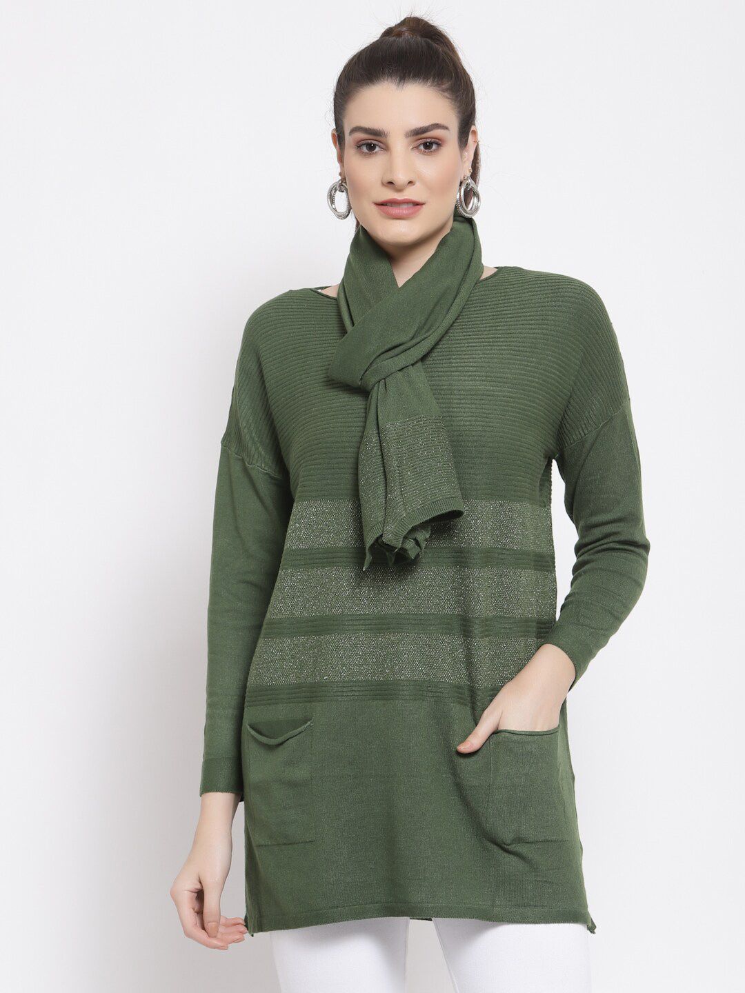 Mafadeny Women Green Striped Longline Pullover Sweater with Mufller Price in India