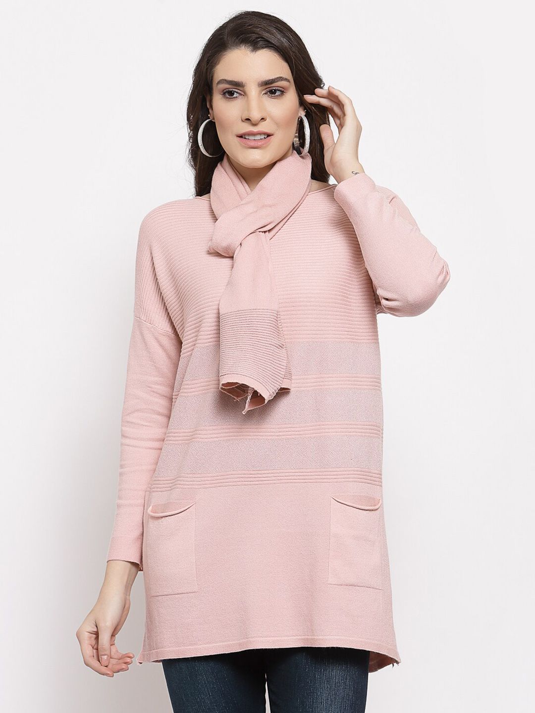 Mafadeny Women Pink Longline Pullover with Muffler Price in India