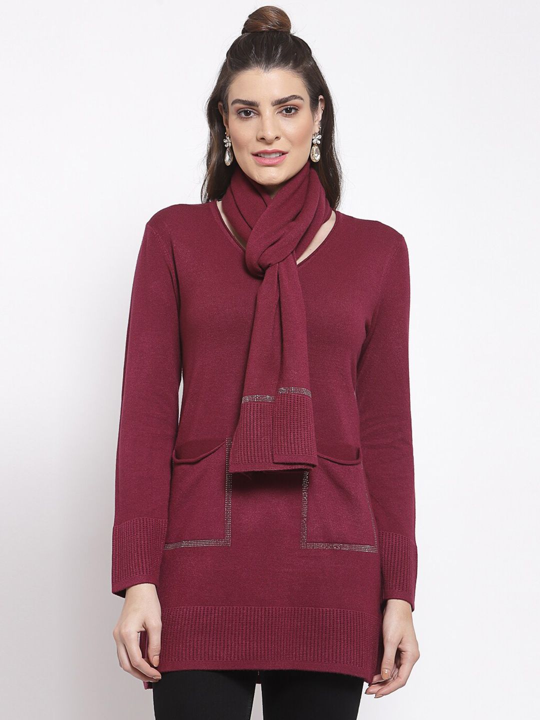 Mafadeny Women Burgundy Longline Pullover Price in India