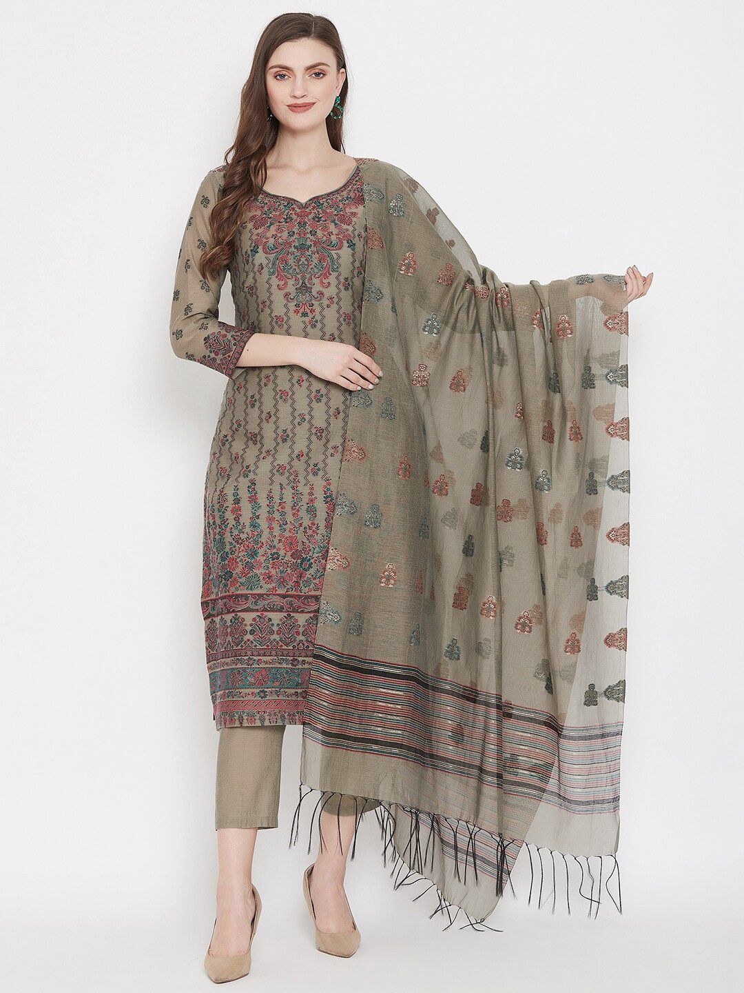 Safaa Grey & Red Ethnic Motifs Woven Design Unstitched Dress Material Price in India