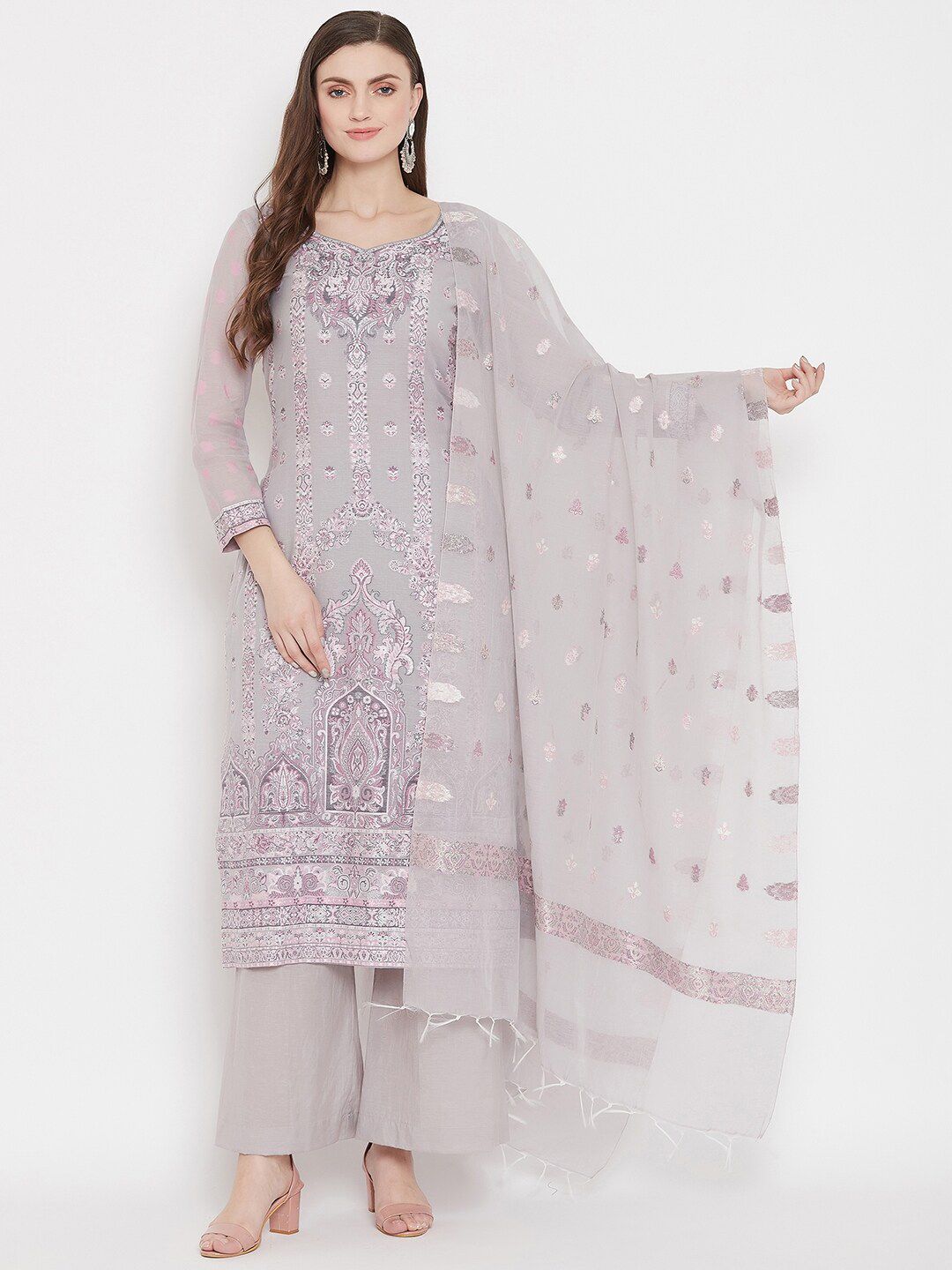 Safaa Grey & Purple Embroidered Unstitched Dress Material Price in India