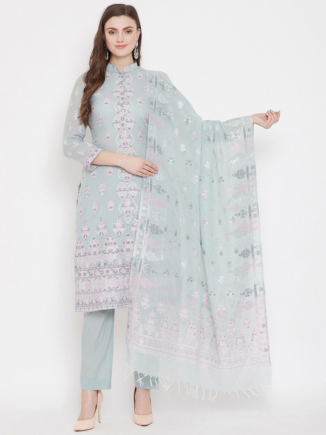 Safaa Sea Green & White Printed Unstitched Dress Material Price in India