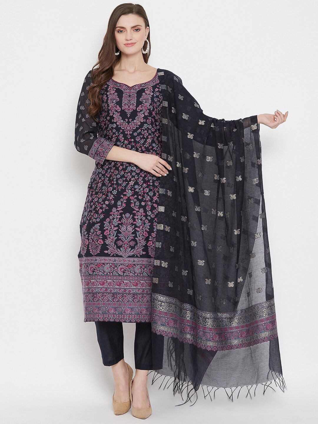 Safaa Navy Blue & Purple Woven Design Organic Cotton Unstitched Dress Material Price in India