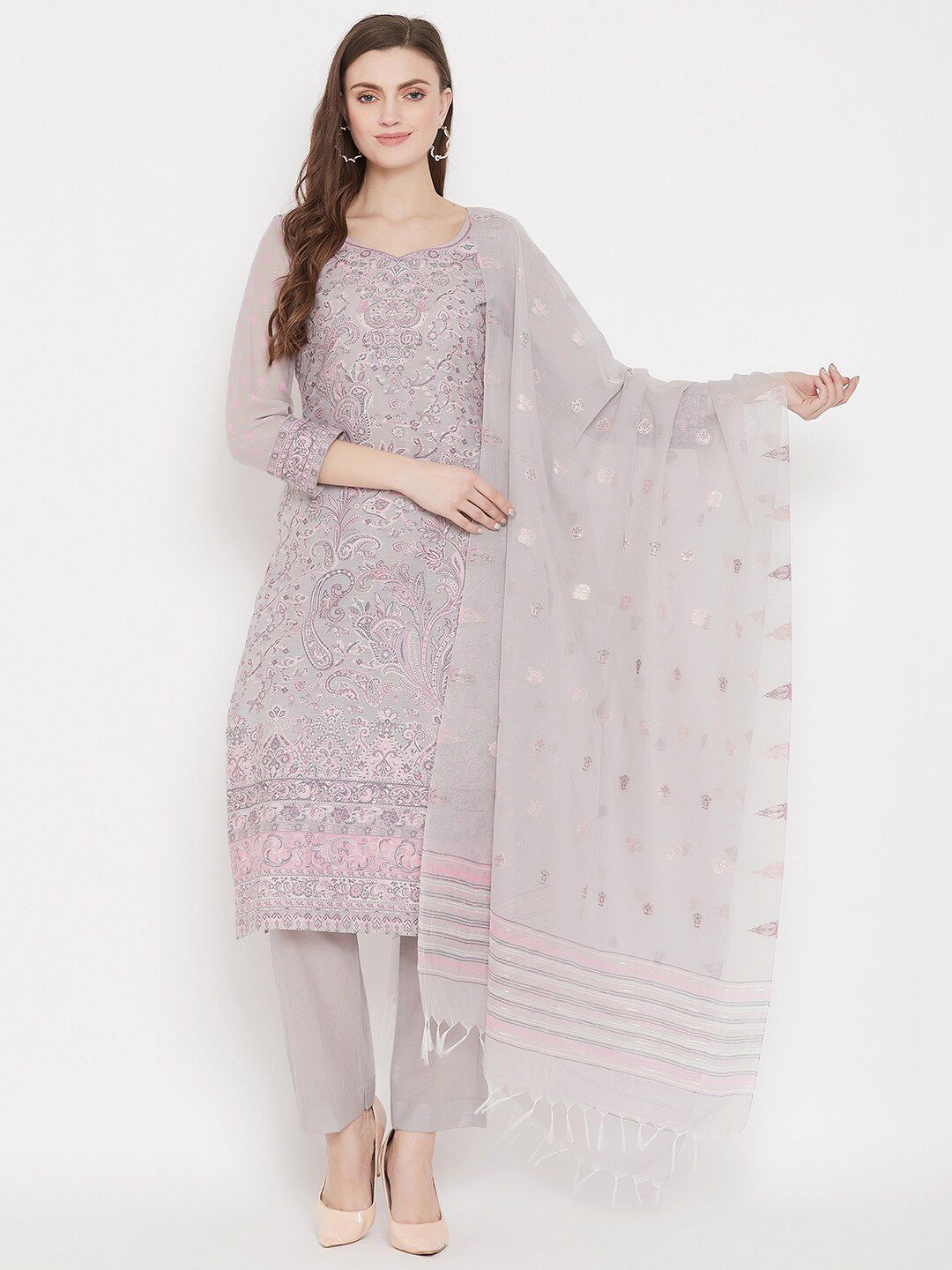 Safaa Grey & Pink Unstitched Dress Material Price in India