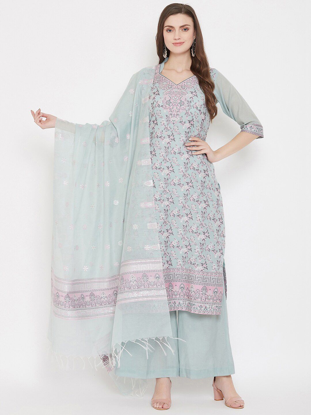 Safaa Sea Green & Pink Unstitched Dress Material Price in India