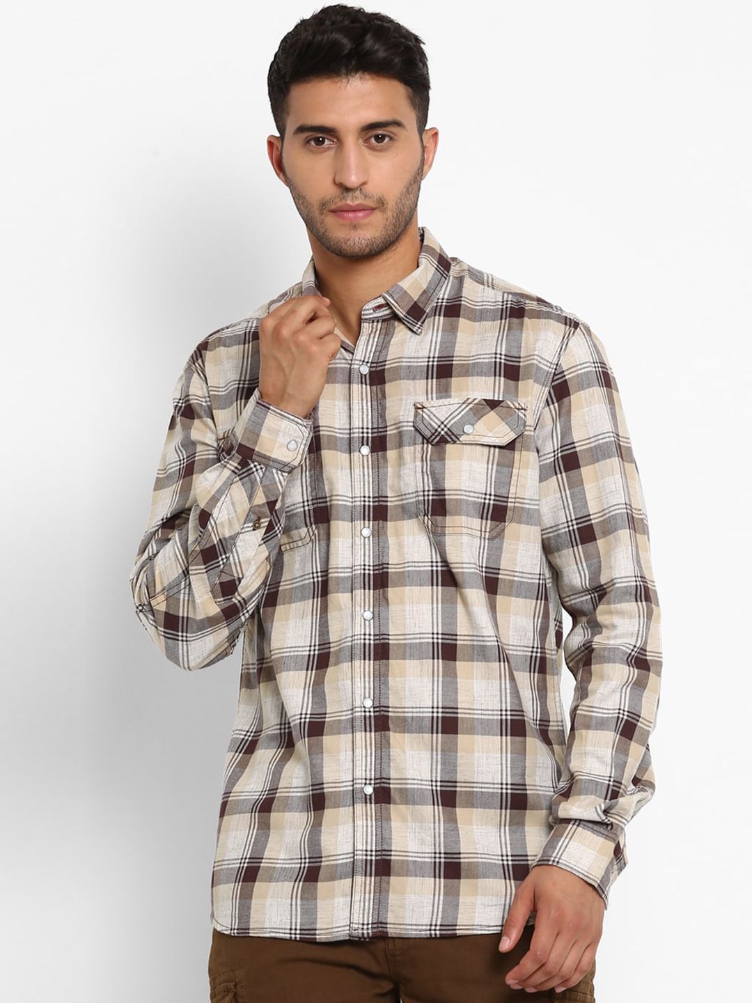 Royal Enfield Men Brown Tartan Checked Casual Shirt