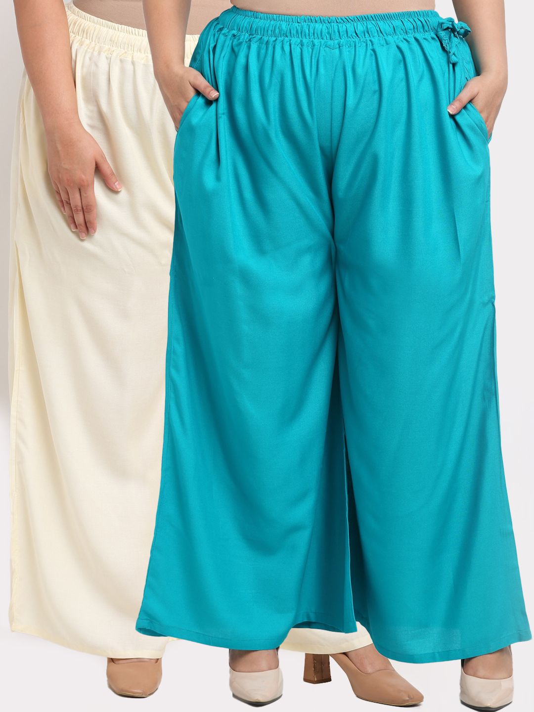 TAG 7 PLUS Women Cream-Coloured & Blue Pack of 2 Ethnic Palazzos Price in India