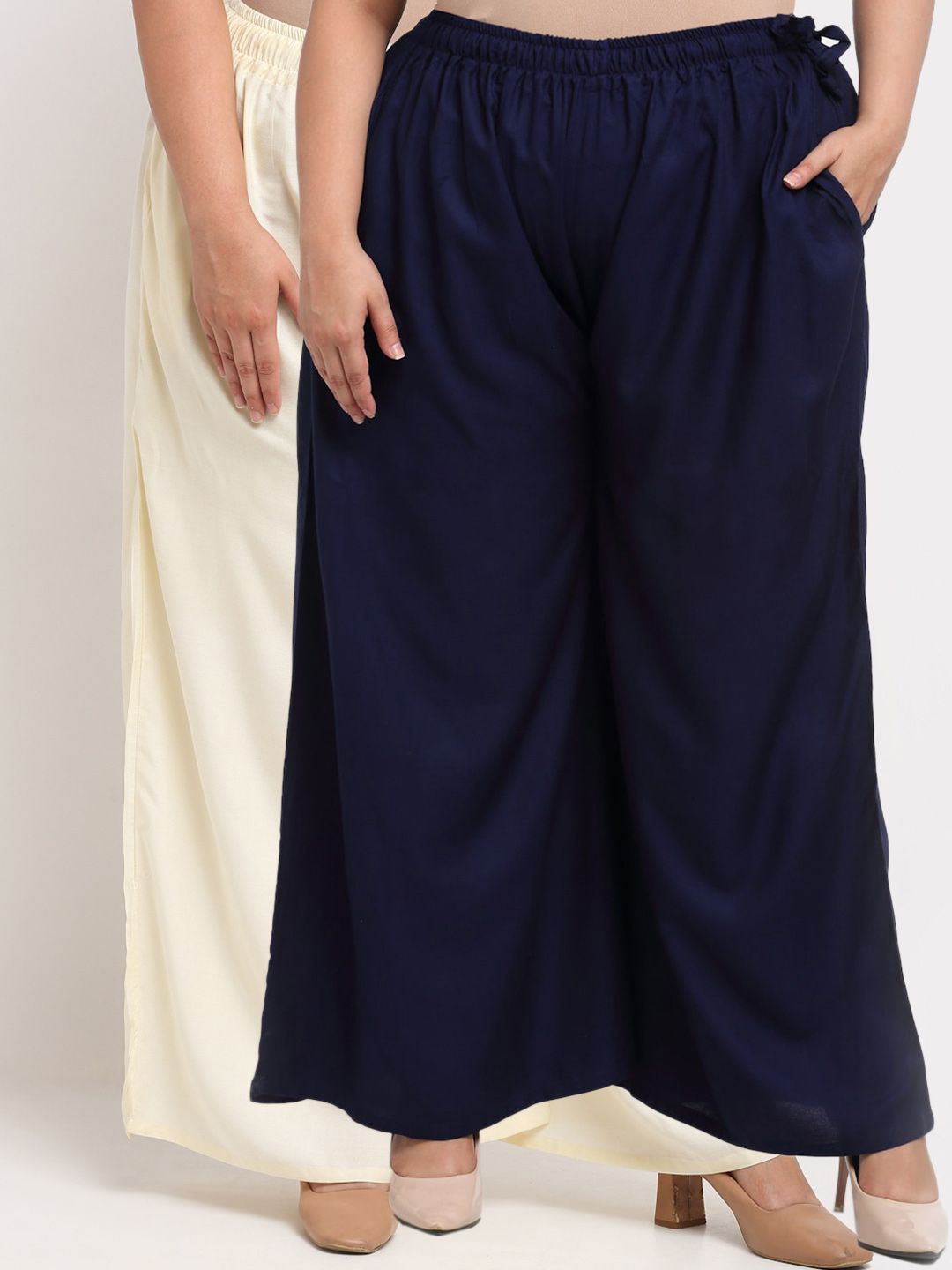 TAG 7 PLUS Women Cream-Coloured & Navy Blue Pack of 2 Ethnic Palazzos Price in India