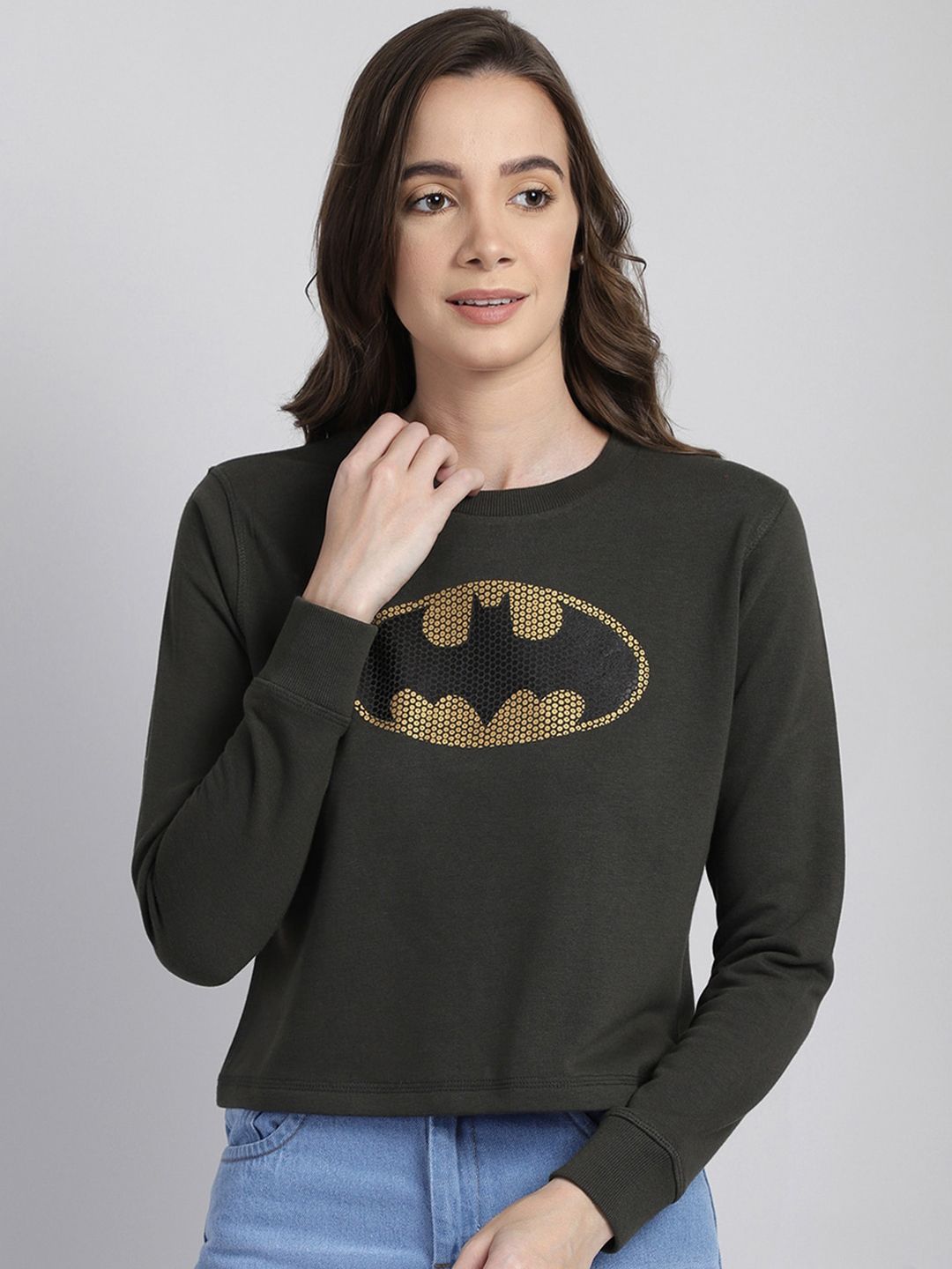 Free Authority Women Olive Green Batman Printed Sweatshirt Price in India