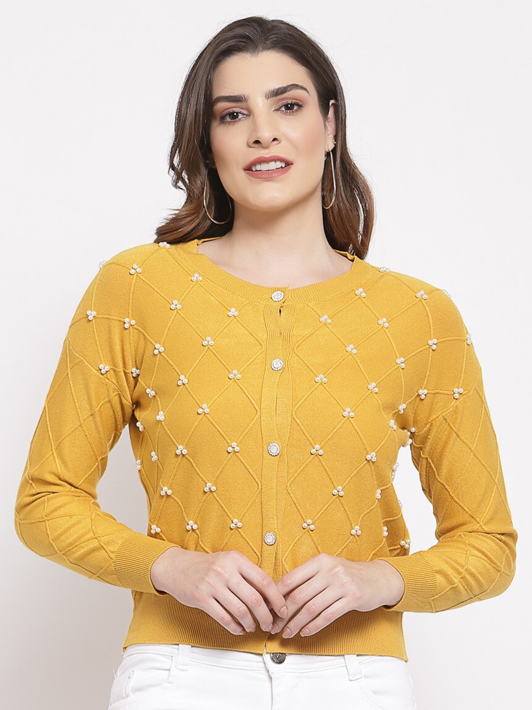 Mafadeny Women Mustard Yellow & White Cardigan with Embellished Detail Price in India