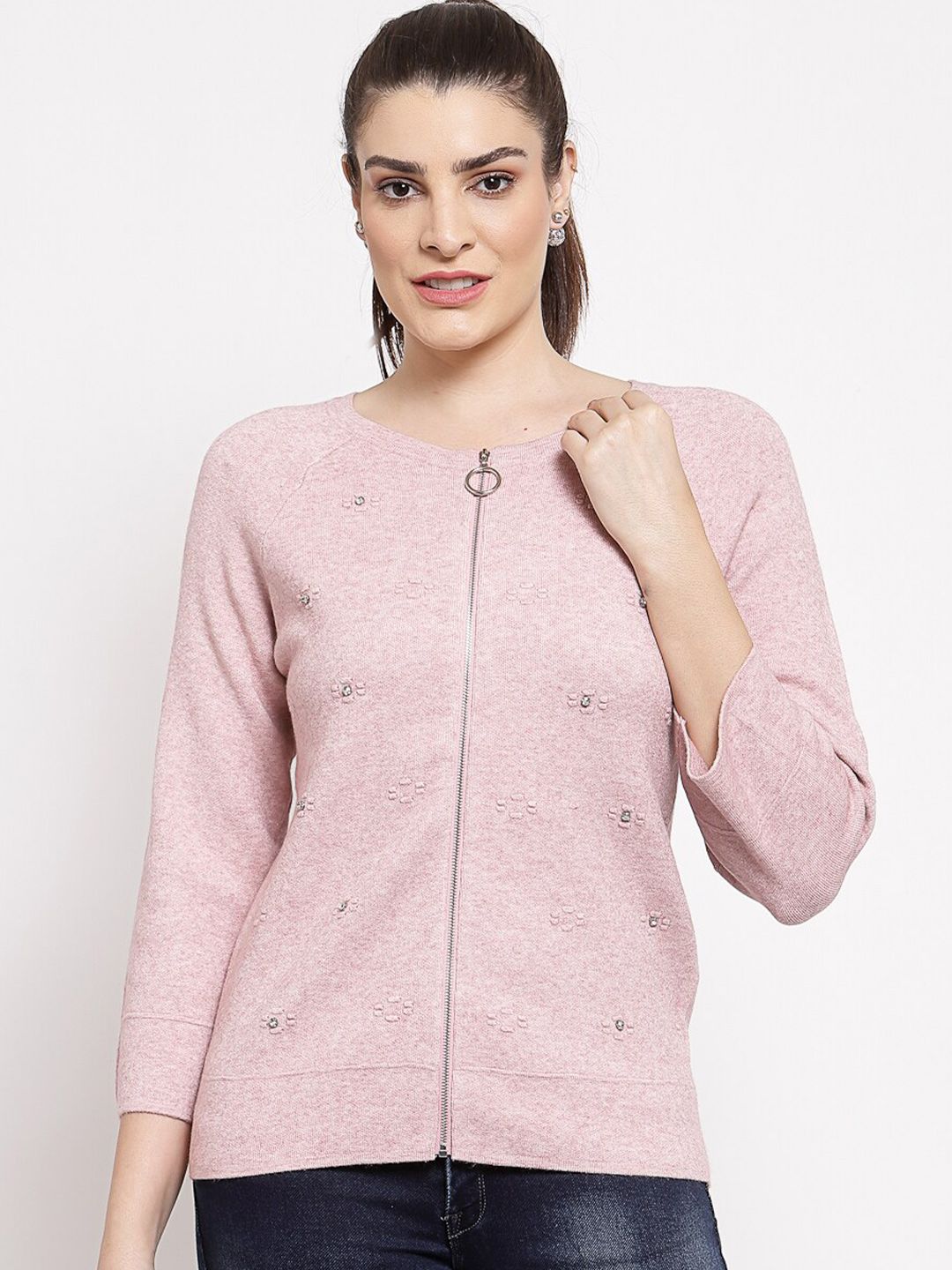 Mafadeny Women Peach-Coloured Embellished Cardigan Sweater Price in India