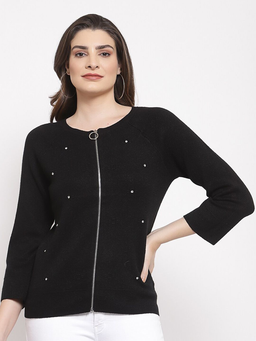 Mafadeny Women Black Front-Open with Embellished Detail Price in India