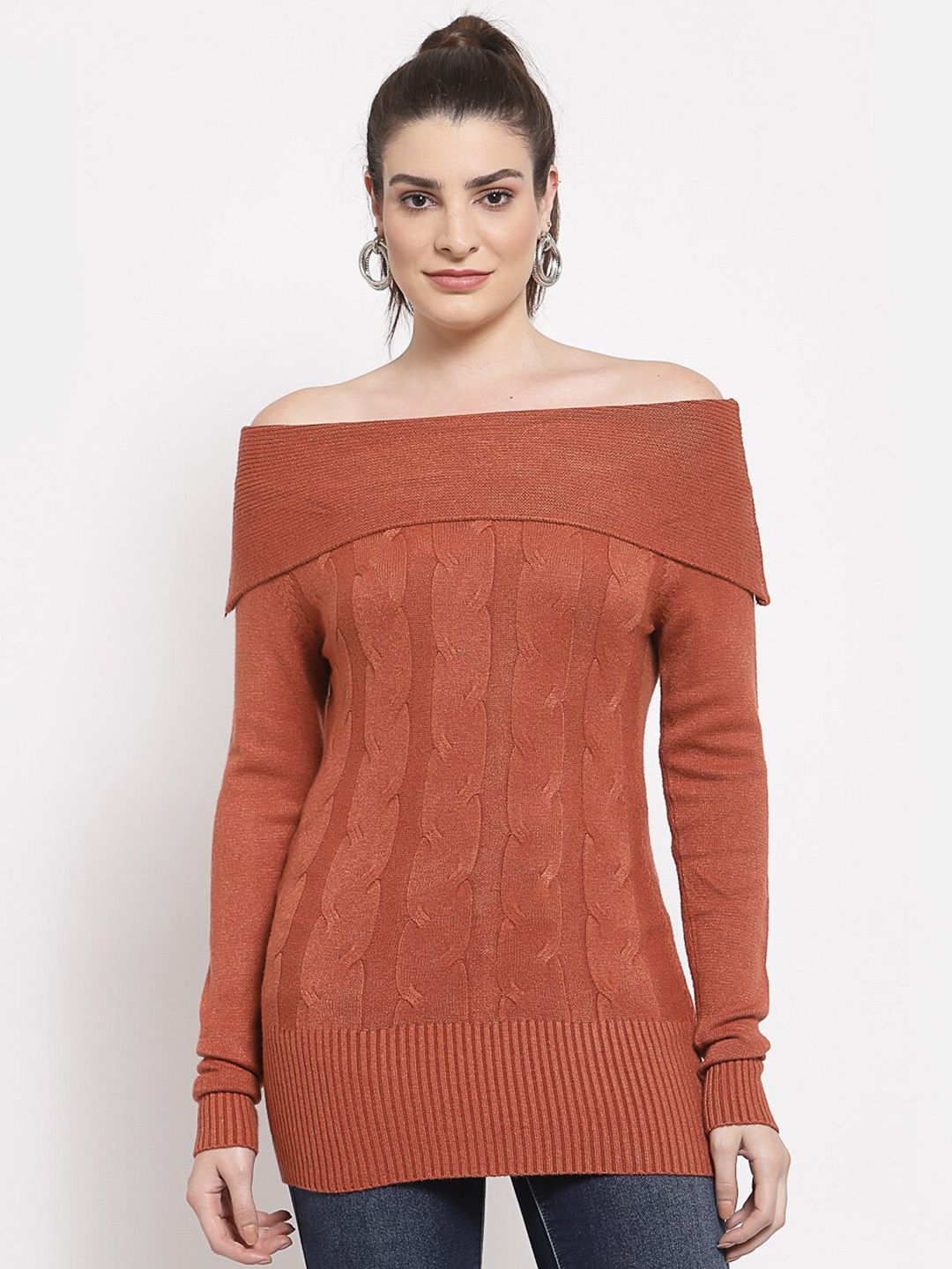 Mafadeny Women Rust Cable Knit Longline Pullover Price in India