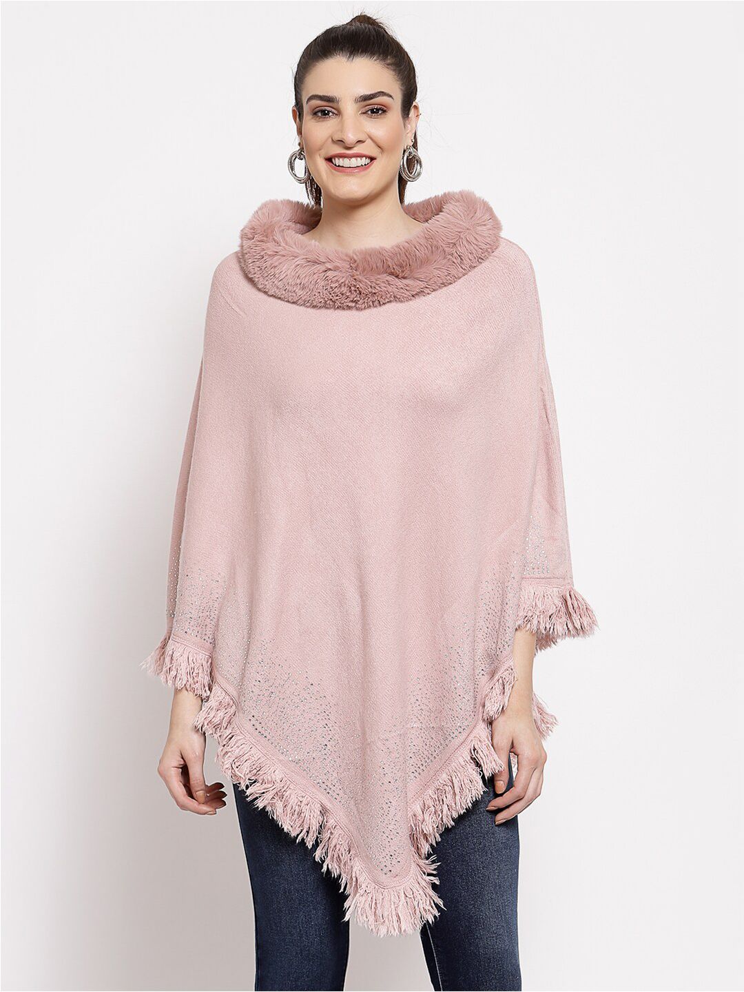 Mafadeny Women Peach-Coloured Embellished Longline Poncho with Fringed Detailing Price in India