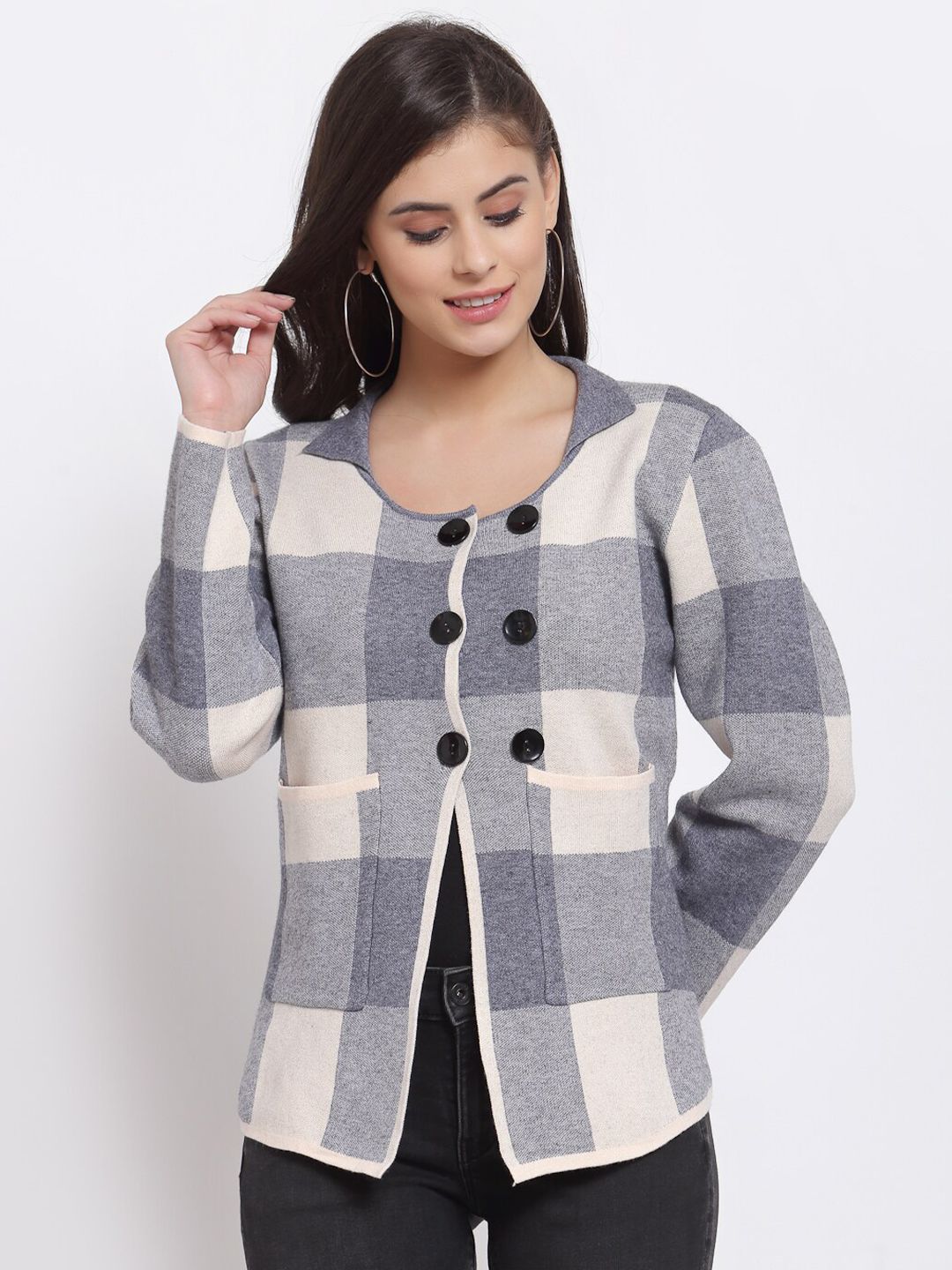 Mafadeny Women Grey & Off White Checked Cardigan Price in India