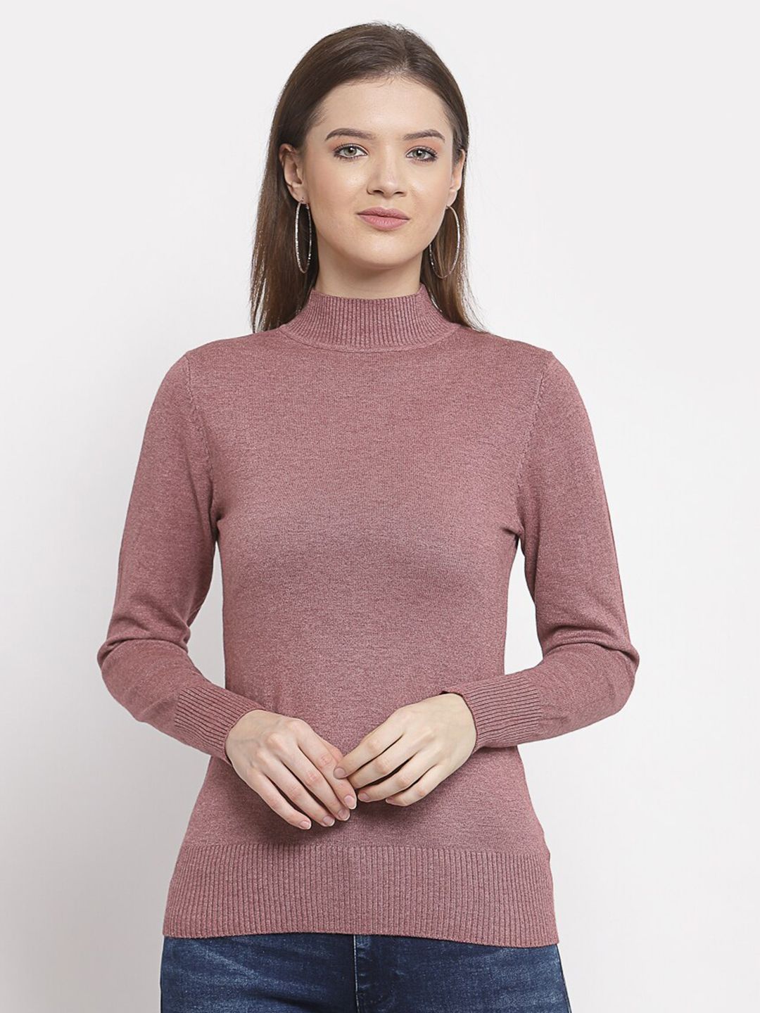 Mafadeny Women Pink Speckled Turtle Neck Pullover Price in India