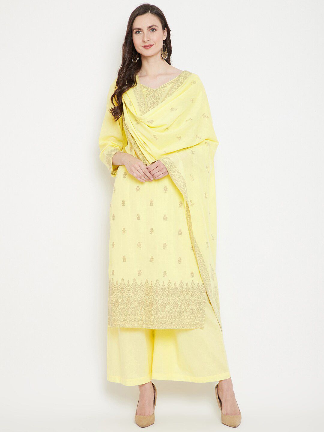 Safaa Women Lemon Yellow Woven Designed Unstitched Suit Material Price in India