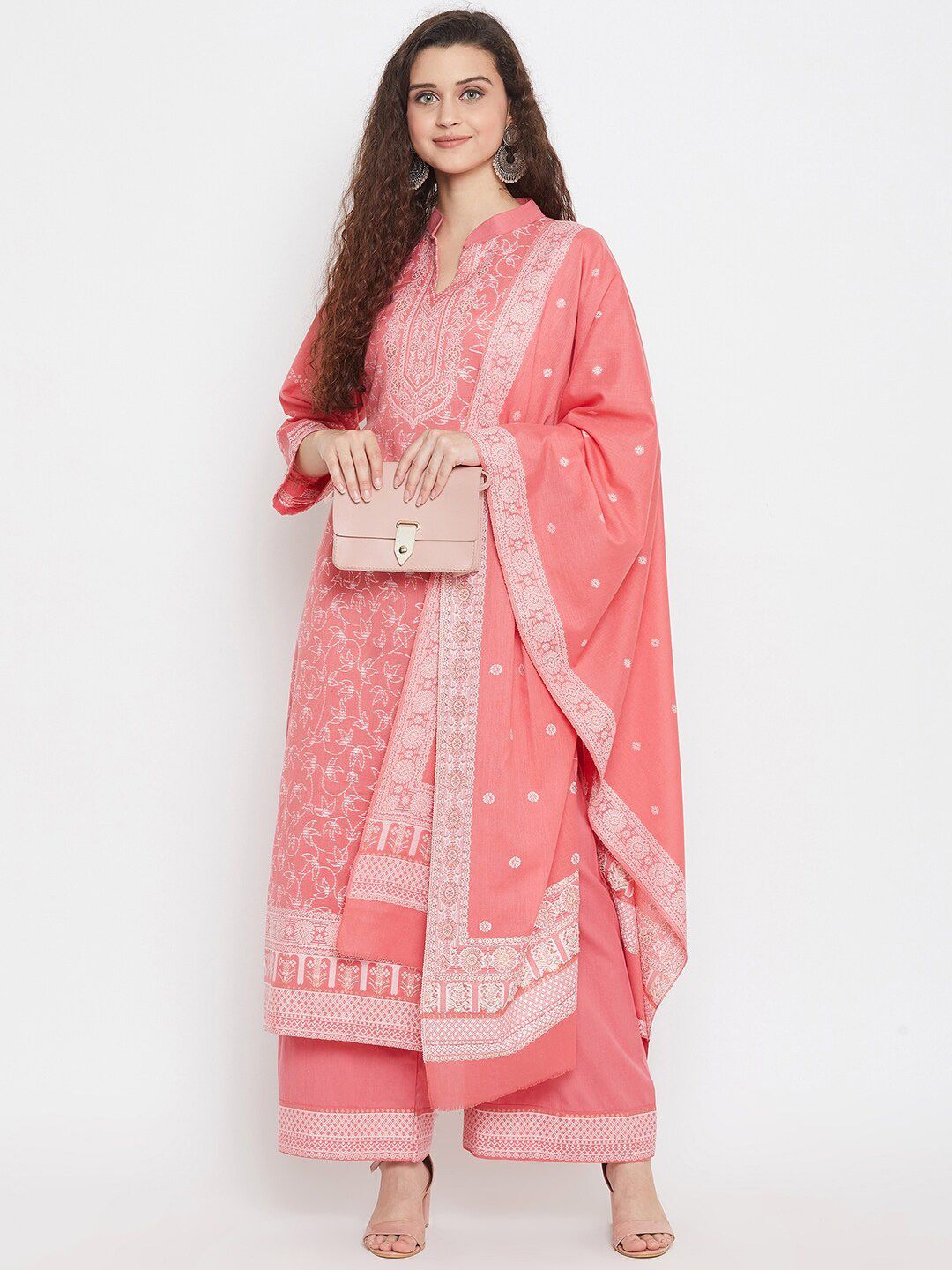 Safaa Peach-Coloured & White Unstitched Dress Material Price in India