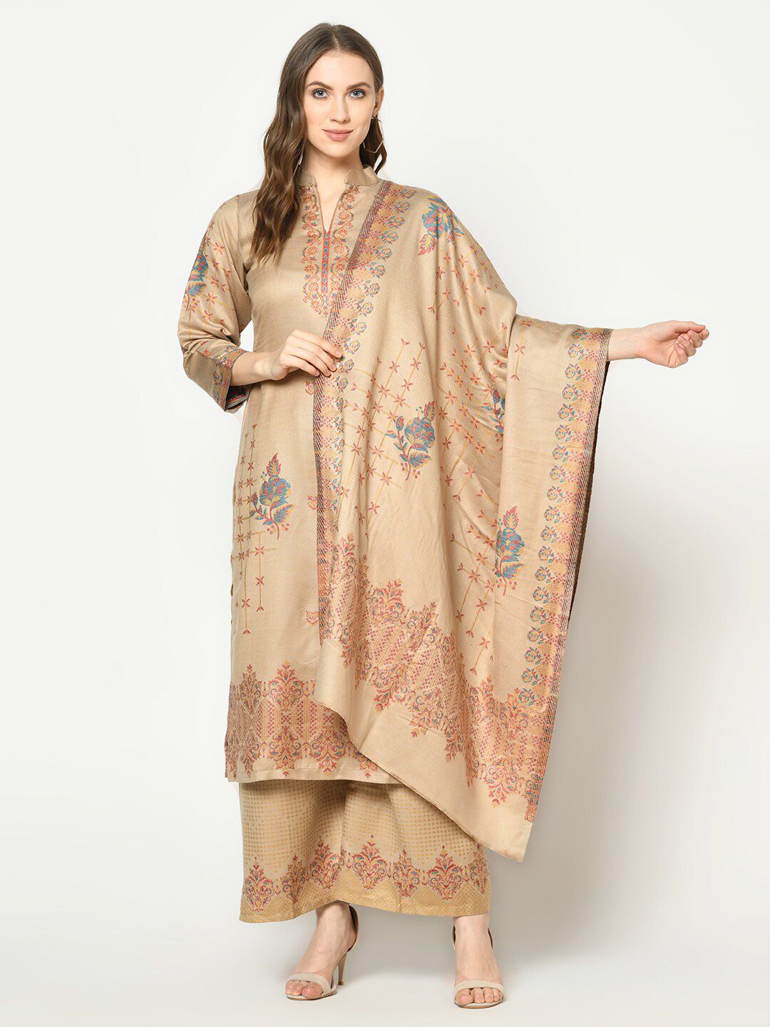 Safaa Woman Beige & Red Unstitched Dress Material Price in India