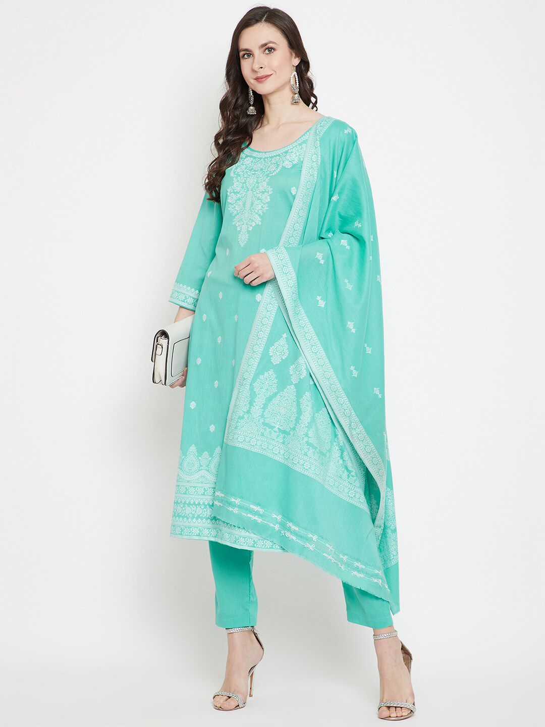 Safaa Sea Green & White Unstitched Dress Material Price in India