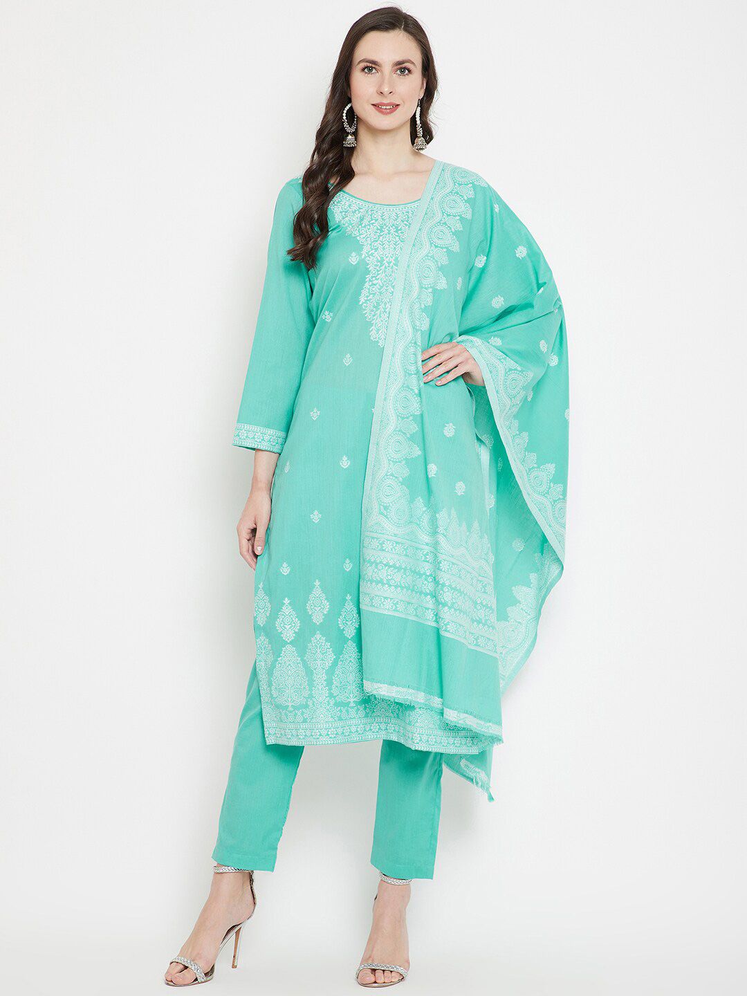 Safaa Sea Green & White Chikankari Unstitched Dress Material Price in India