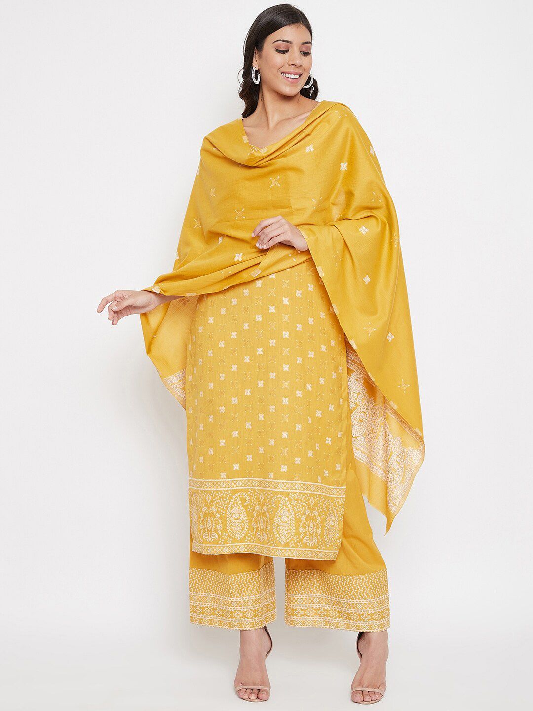 Safaa Women Yellow & White Embroidered Unstitched Dress Material Price in India