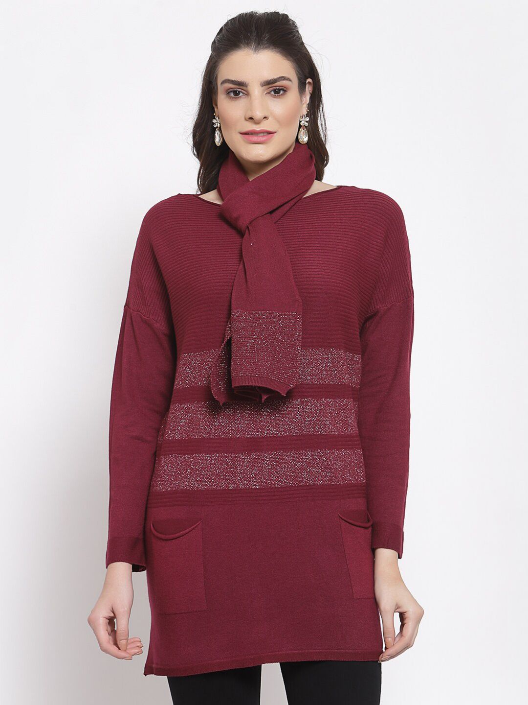 Mafadeny Women Burgundy Colourblocked Longline Pullover With Muffler Price in India
