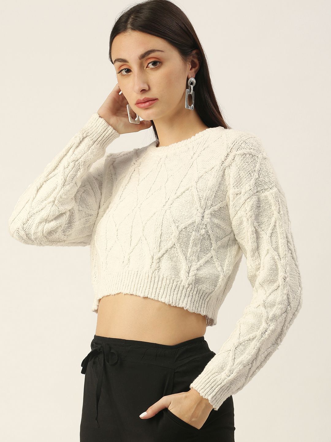 FOREVER 21 Women Cream-Coloured Cropped Pullover Price in India