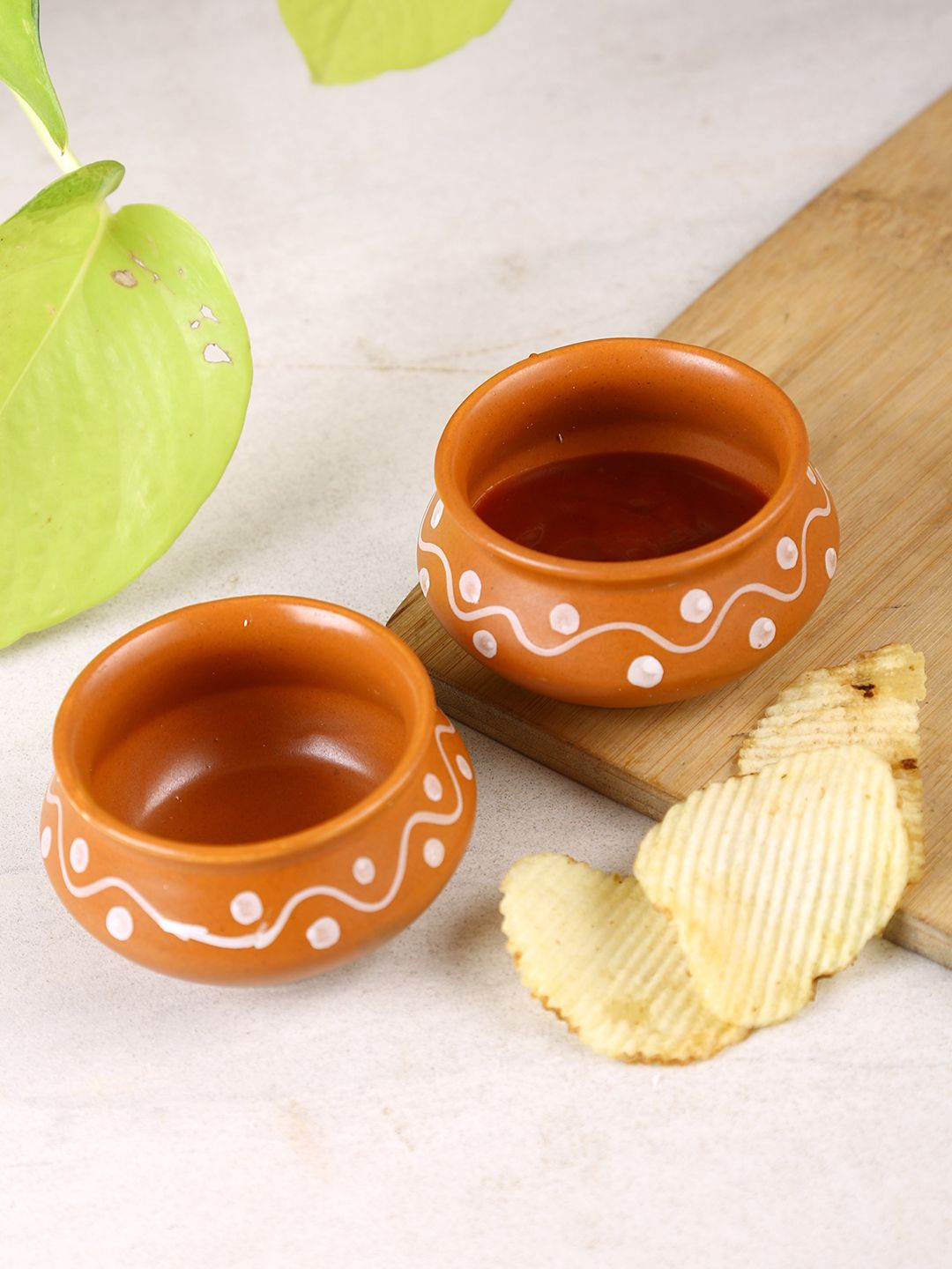Aapno Rajasthan Brown & White 4 Pieces Hand Painted Printed Ceramic Glossy Bowls Price in India