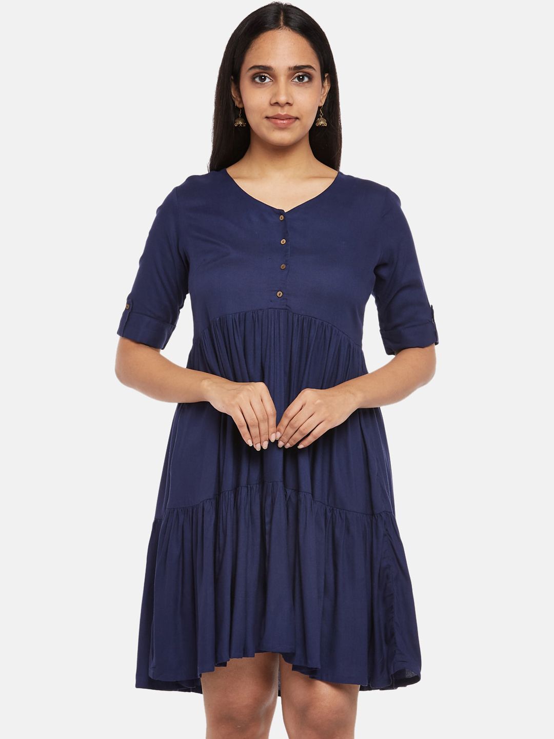 AKKRITI BY PANTALOONS Women Navy Blue Solid A-Line Dress with Scarf Price in India