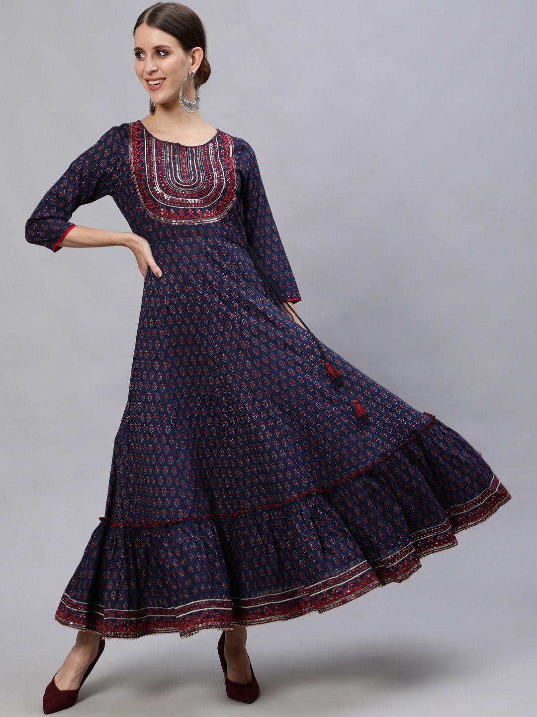 Ishin Women Navy Blue & Red Ethnic Motifs Printed Thread Work Cotton Anarkali Kurta Price in India