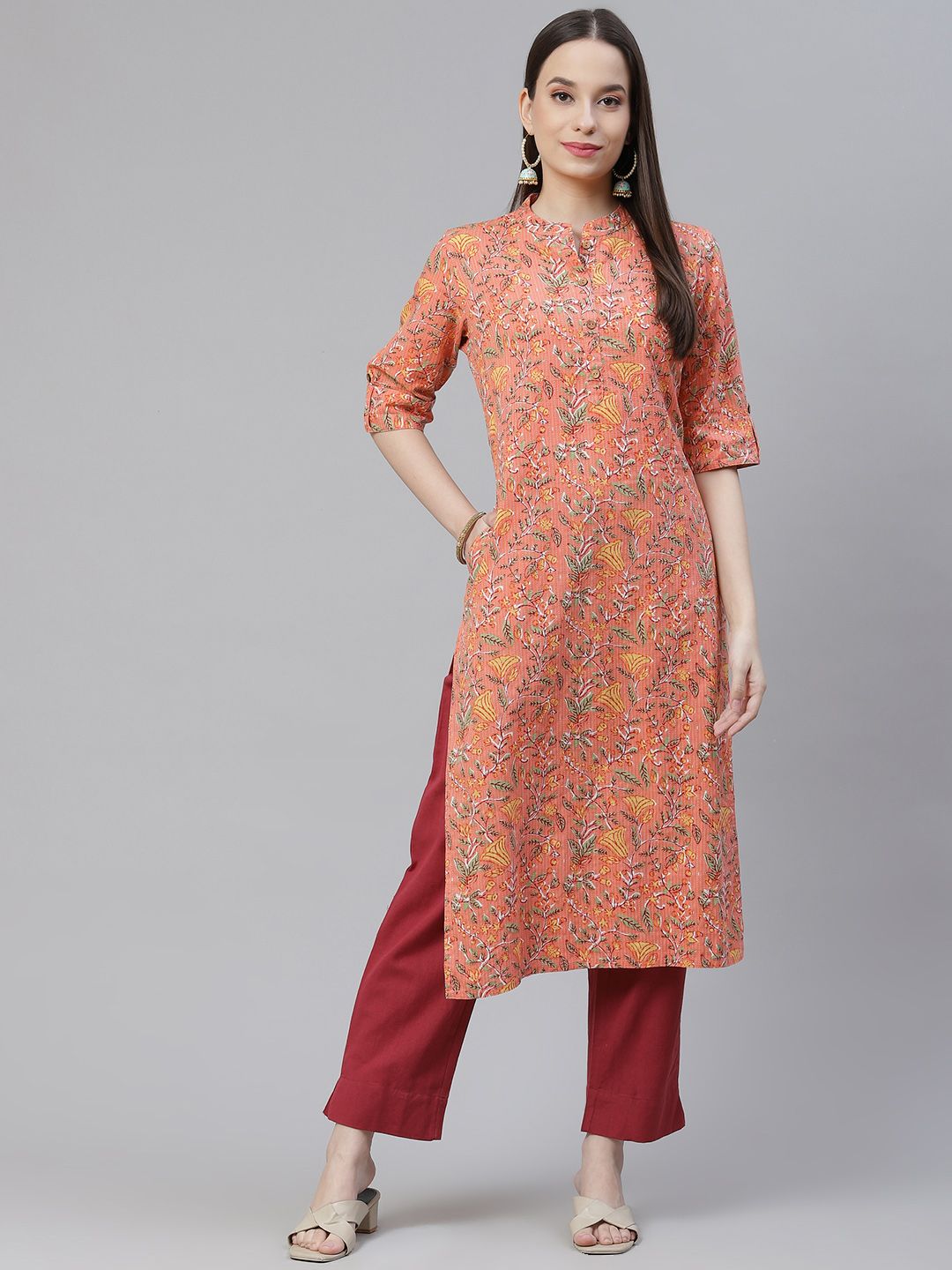 Divena Women Peach-Coloured & Yellow Floral Printed Floral Kurta Price in India