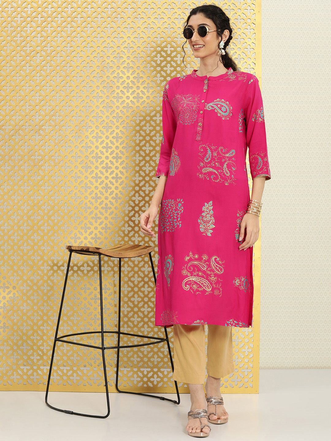 Ode by House of Pataudi Women Magenta Pink & Gold-Toned Ethnic Motifs Printed Rozana Kurta Price in India