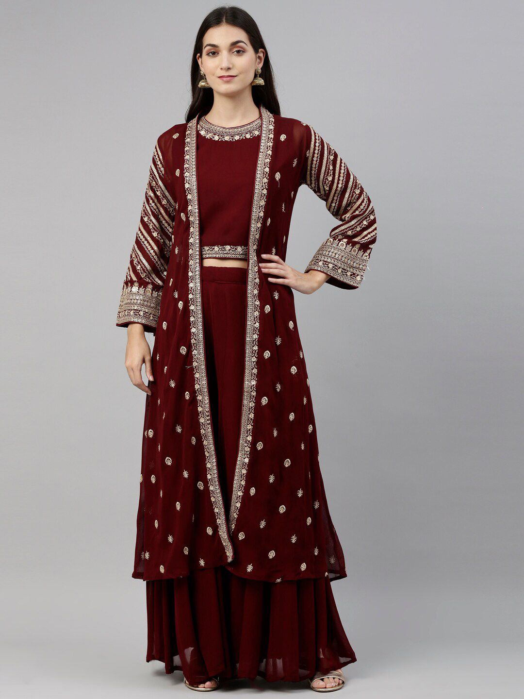 Neerus Women Maroon & Gold-Toned Embellished Top with Palazzos Price in India