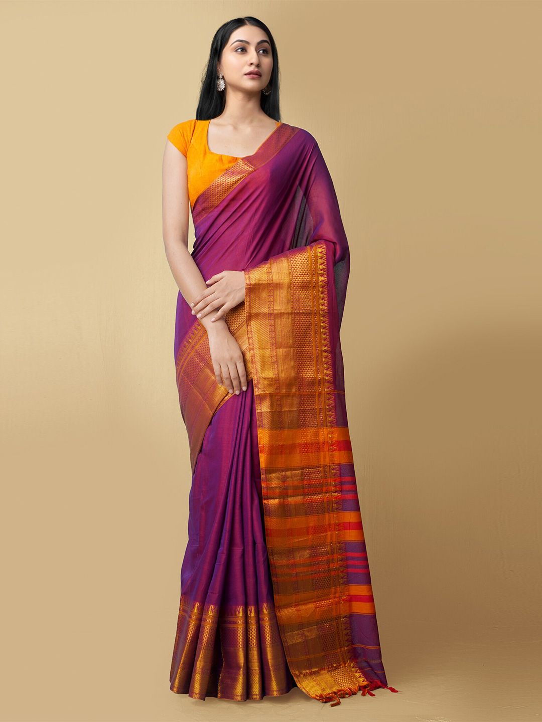 Unnati Silks Purple & Orange Zari Pure Cotton Narayan Peth Handloom Saree