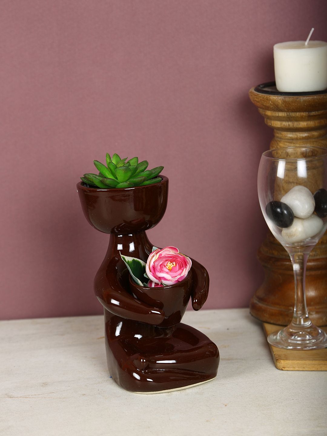 Aapno Rajasthan Set of 2 Black & Brown Head Mini Planter Pots Price in India