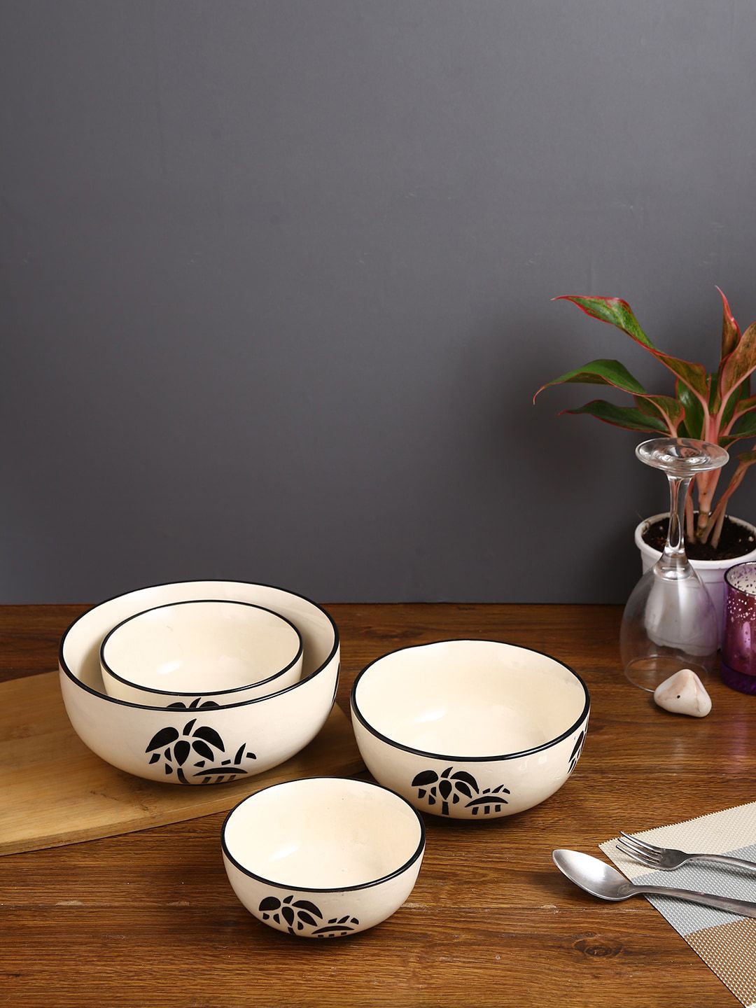 Aapno Rajasthan Set Of 4 White & Black Printed Ceramic Serving Bowls Price in India