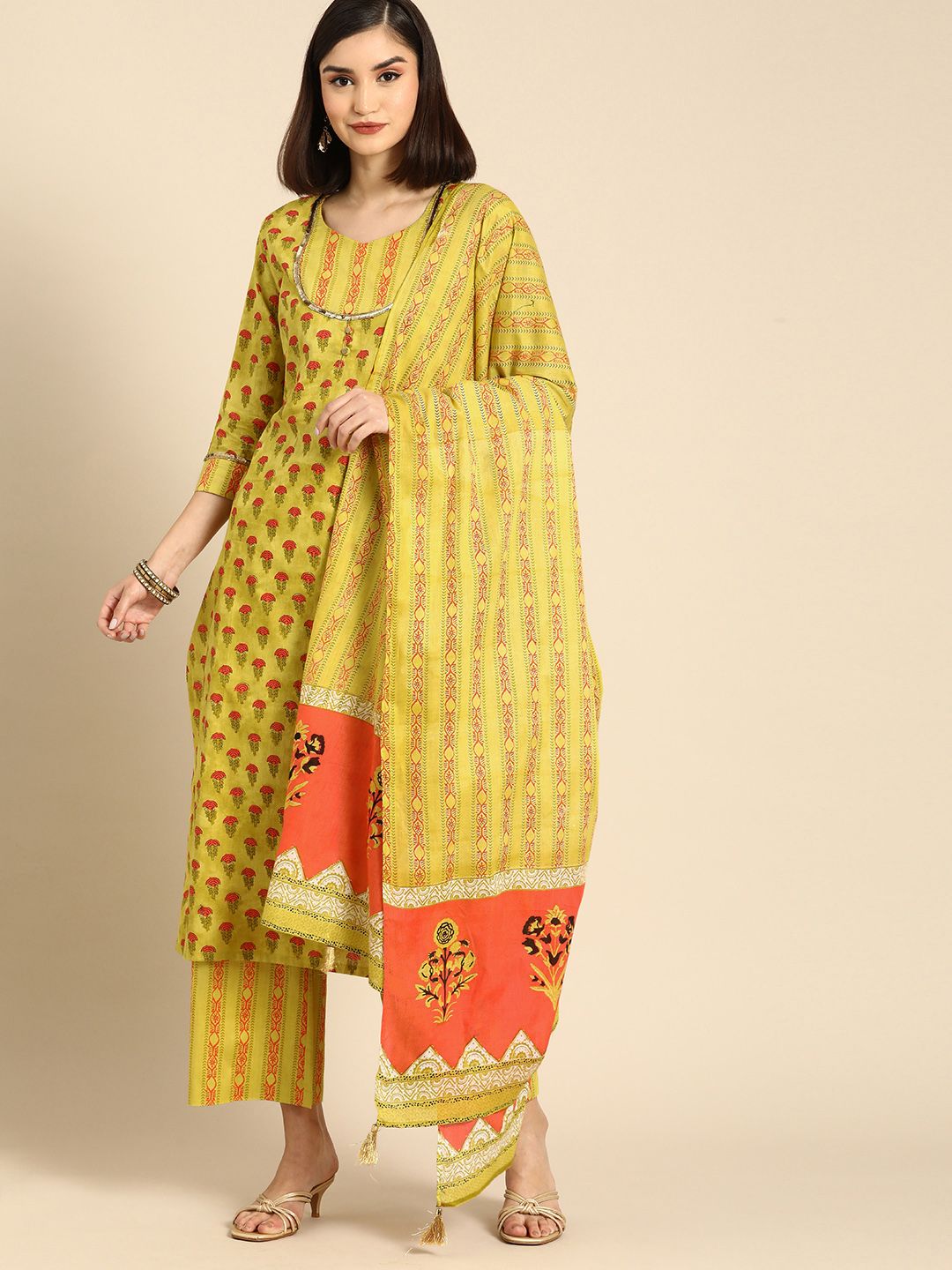 Anouk Women Mustard Yellow Ethnic Motifs Printed Cotton Kurta with Palazzos & With Dupatta Price in India