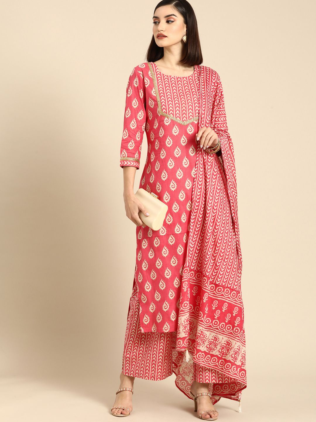 Anouk Women Pink Ethnic Motifs Printed Regular Pure Cotton Kurta with Palazzos & With Dupatta Price in India