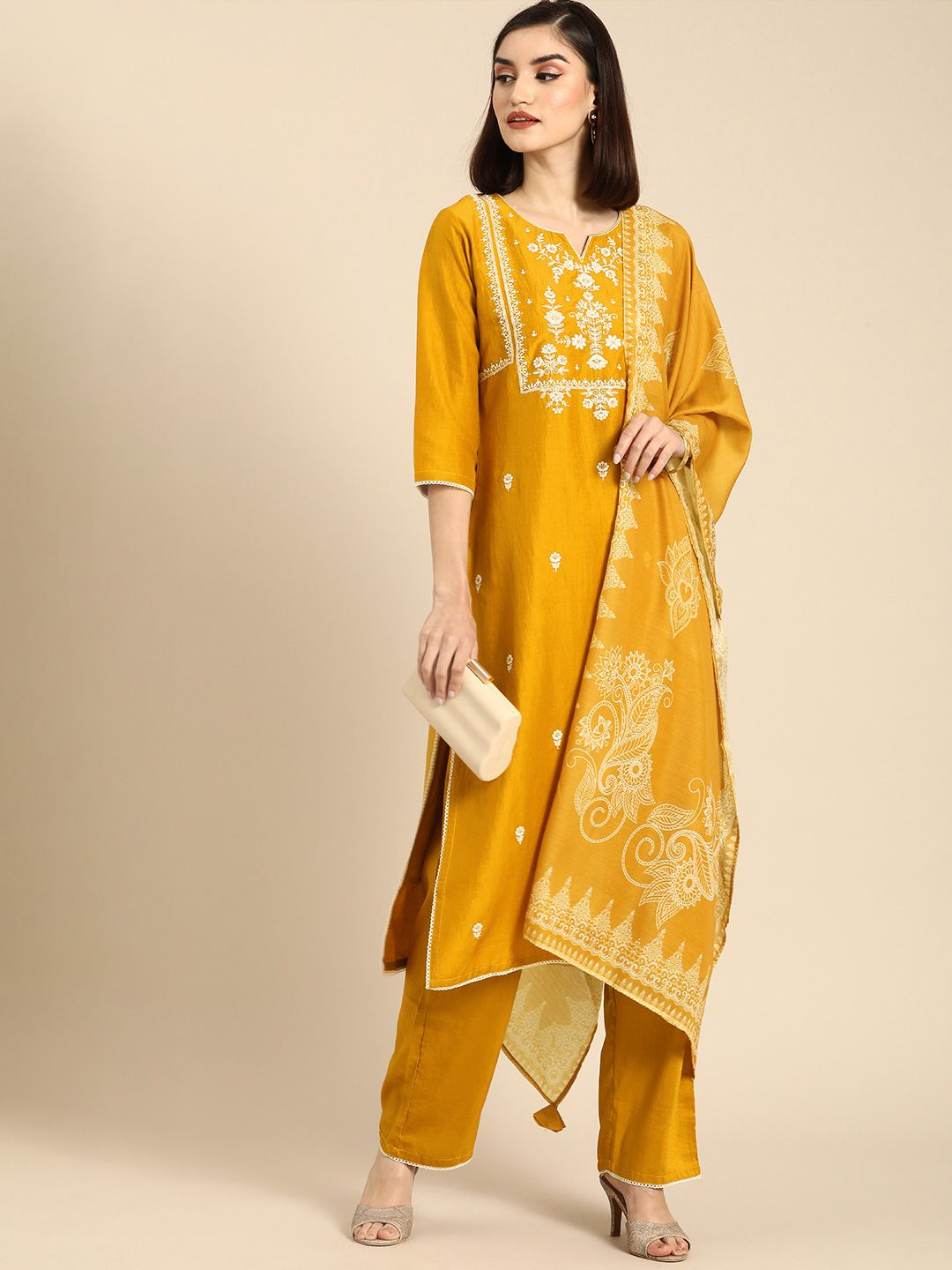 Anouk Women Women Yellow Embroidered Kurta with Trouser & Dupatta Price in India