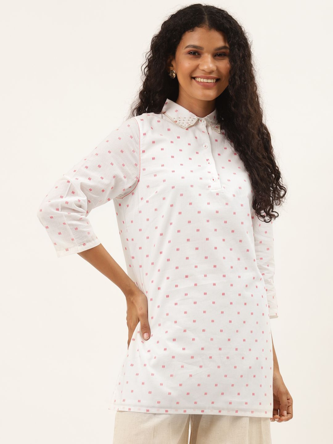 Ancestry White & Red Pure Cotton Geometric Printed Shirt Style Top